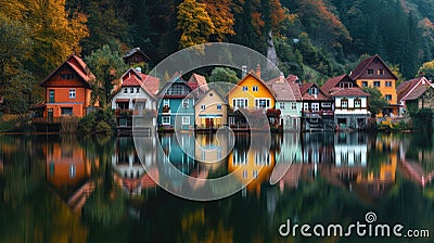 Vibrant row of homes by a lake with colorful reflections in the water. Scenic beauty, Ai Generated Stock Photo