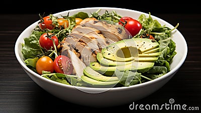 Cherry tomatoes, avocado, and grilled chicken in a bowl of Salad Stock Photo