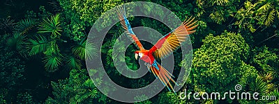 A vibrant scarlet macaw in flight, captured from above against a dense canopy of tropical green foliage. Stock Photo