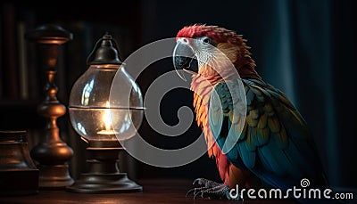 Vibrant scarlet macaw perched on branch generated by AI Stock Photo