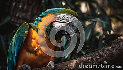 Vibrant scarlet macaw perched on tropical branch generated by AI Stock Photo