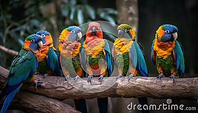 Vibrant scarlet macaw perching on green branch generated by AI Stock Photo