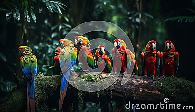 Vibrant scarlet macaw perching on green branch generated by AI Stock Photo