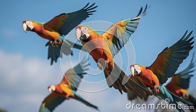 Vibrant scarlet macaws fly free in tropical rainforest paradise generated by AI Stock Photo