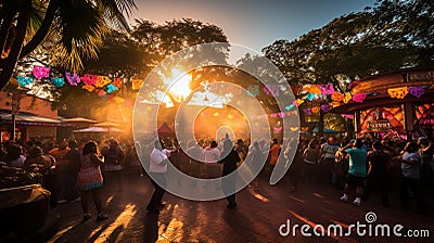 A vibrant scene of people dancing to live music at a Cinco de Mayo celebration. Stock Photo