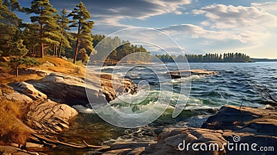 Vibrant Scenic Lake Surrounded By Pines And Rocky Cliffs Stock Photo