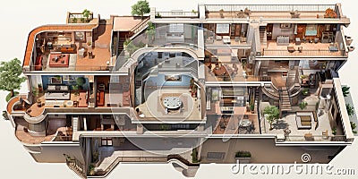 A vibrant schematic illustration presents a cutaway view of a large residential home, exposing its internal arrangement Cartoon Illustration