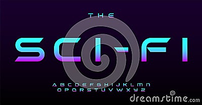 Vibrant sci-fi alphabet, simple futuristic letters. Modern font for EDM logo, club headline in retrofuturism robotic Vector Illustration