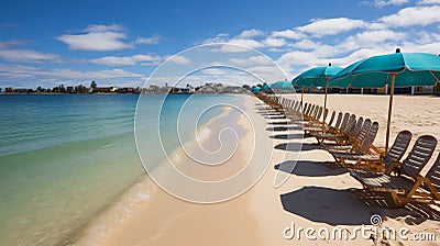Vibrant seaside boardwalk with colorful beach huts, flowers, and umbrellas for summer promotion Stock Photo