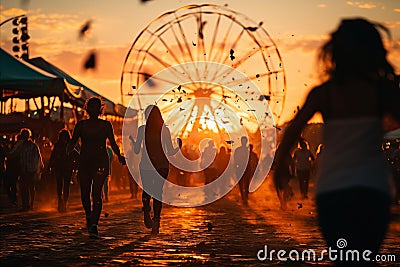 Vibrant seaside carnival with blurred rides and festive crowds, perfect for event promotion. Stock Photo