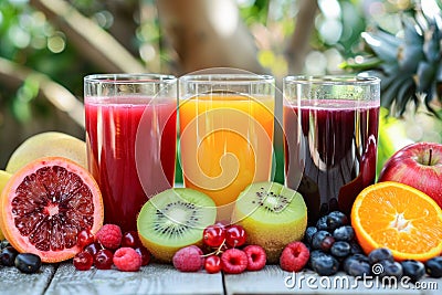 Assorted Fresh Fruit Juices Served With Citrus Slices and Berries on a Dark Surface Stock Photo