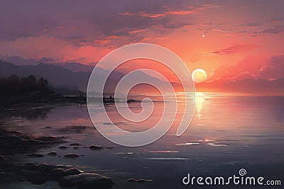 Vibrant and serene painting capturing a breathtaking sunset over a peaceful body of water, A tranquil depiction of soft, blending Stock Photo