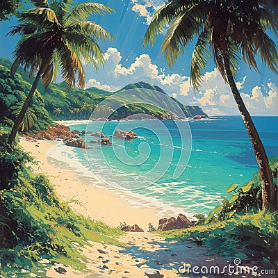 A vibrant serene tropical beach with palm trees Stock Photo