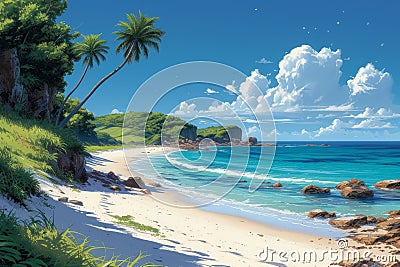 A vibrant serene tropical beach with palm trees Stock Photo