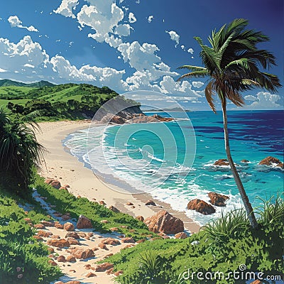 A vibrant serene tropical beach with palm trees Stock Photo