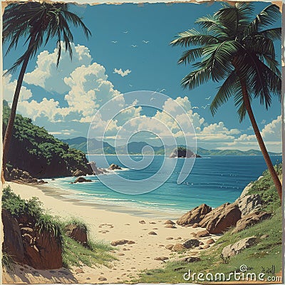 A vibrant serene tropical beach with palm trees Stock Photo