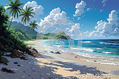 A vibrant serene tropical beach with palm trees Stock Photo