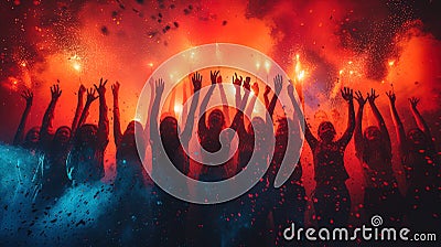 A vibrant shot capturing a group of young friends joyfully throwing handfuls of colorful powder in Stock Photo