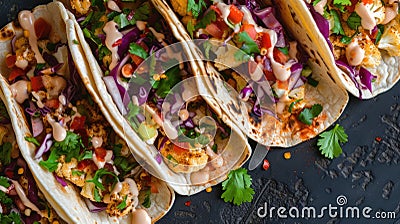 Colorful Shrimp Tacos on Slate Stock Photo