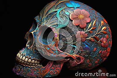 Vibrant skull adorned with intricate floral designs takes center stage against a black backdrop Stock Photo