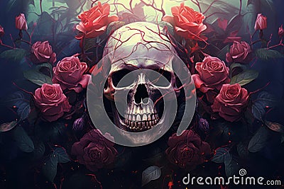 Vibrant Skull roses paint. Generate Ai Stock Photo