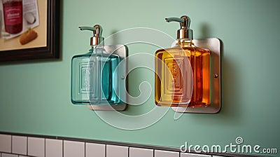 Vibrant Soap Dispensers Picture Frame In Dark Cyan And Light Amber Stock Photo