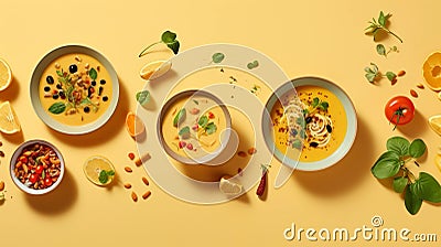 Vibrant Soup Flatlay: Asian-inspired Bowls On Yellow Background Stock Photo