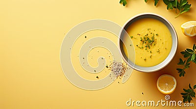 Vibrant Soup Flatlay With Herbs On Yellow Background Stock Photo