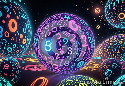A vibrant sphere made entirely of glowing numbers, arranged in a seamless and dynamic pattern. The numbers vary in size and Stock Photo