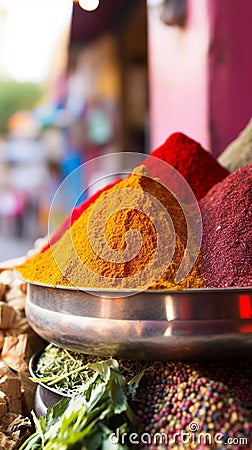 Vibrant Spice Market Scene with Input Basket Stock Photo