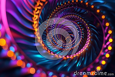 A vibrant spiral of lights is captured in this image, showcasing its mesmerizing colors and patterns, Hypnotic spirals in a fusion Stock Photo