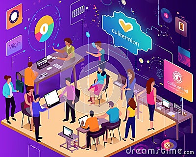 A vibrant startup with diverse people brainstorming and working on innovative AI solutions. Stock Photo