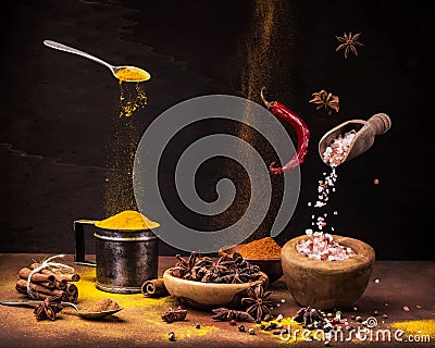 Still life .Spices in movement, colors and flavors Stock Photo