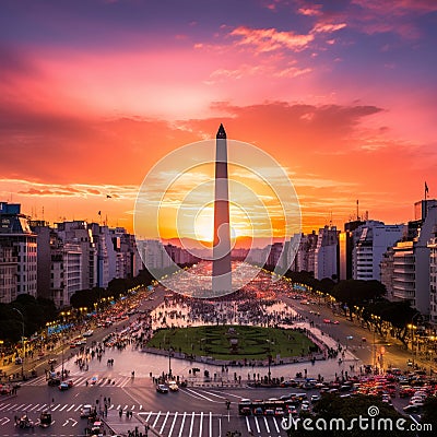 Vibrant Street Scene with Obelisco Monument and Free Activities in Buenos Aires Stock Photo