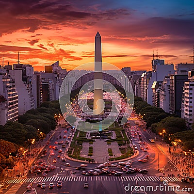 Vibrant Street Scene with Obelisco Monument and Free Activities in Buenos Aires Stock Photo