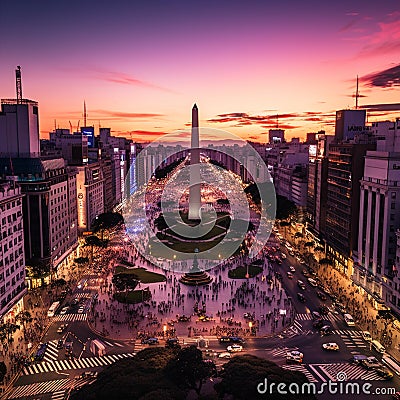 Vibrant Street Scene with Obelisco Monument and Free Activities in Buenos Aires Stock Photo