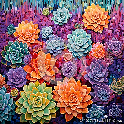 Vibrant Succulent and Cacti Landscape in Pointillism Style Stock Photo