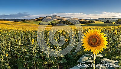 Vibrant sunflower field, close-up of large sunflower, bright yellow petals, brown center, green leaves, blue sky background Stock Photo