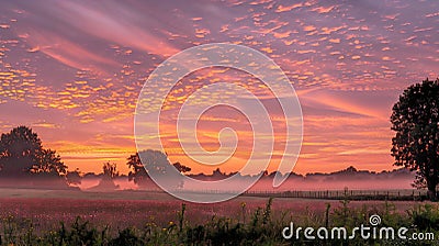 A vibrant sunrise over an idyllic countryside landscape Stock Photo