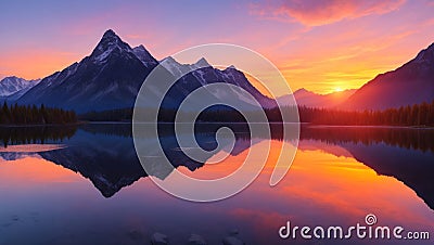A vibrant sunrise over a tranquil mountain lake. Stock Photo