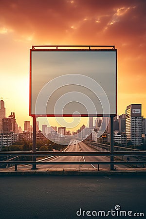 Vibrant sunset forming a fiery backdrop for a blank billboard frame, perfect for bold advertising Stock Photo
