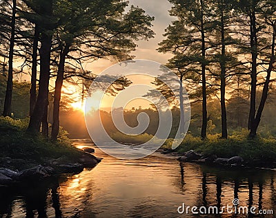 A vibrant sunset paints the sky above a tranquil forest river. Generative AI. Stock Photo