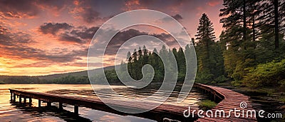 A vibrant sunset paints the sky over a tranquil forest lake pier Generative AI Stock Photo