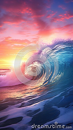 Vibrant sunset or sunrise with large wave crashing on beach under colorful clouds Stock Photo