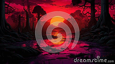 Vibrant Sunset Swamp: Dark Crimson Cartoon Composition With Rtx On Stock Photo