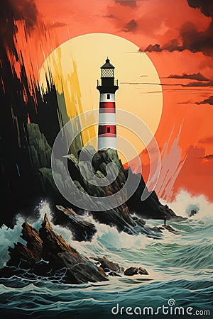 Vibrant Surreal Collage Lighthouse AI Generated Cartoon Illustration