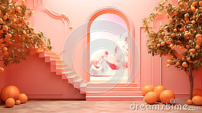 Vibrant surreal worldin Peach Fuzz color, an open door reveals bright fantasy world in Soft Peach Hue. Color of the Year Stock Photo