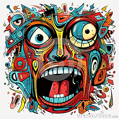 Vibrant Surrealism Doodle: Highly Detailed Crazy Face In Various Colors Cartoon Illustration