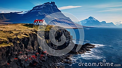 Vibrant Surrealism: Exploring Dalfoss, Faroe Islands With A Red House On Cliff Stock Photo