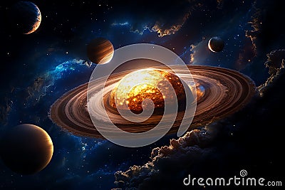 A vibrant, swirling galaxy with a fiery, ringed planet at its center. Multiple celestial bodies orbit around this bright, glowing Stock Photo